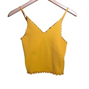 Sugar Rain Mustard Yellow Ribbed Lettuce Edge V-Neck Camisole Tank Top M/L‎